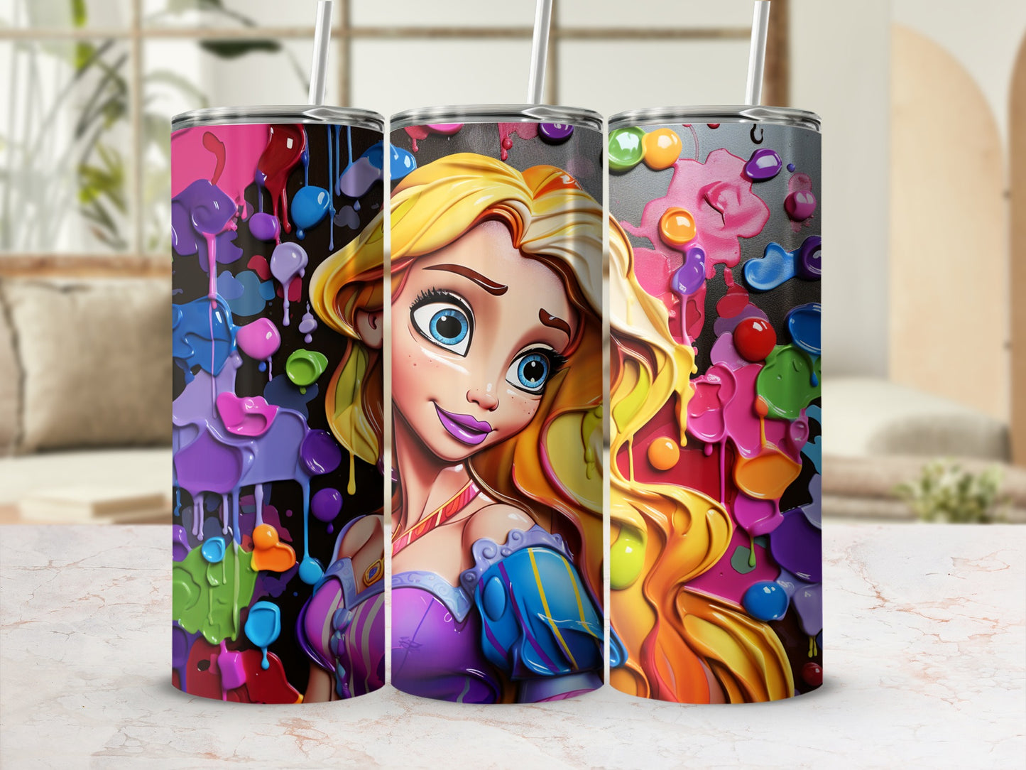 Vibrant Princess Design with Colorful Paint Tumbler