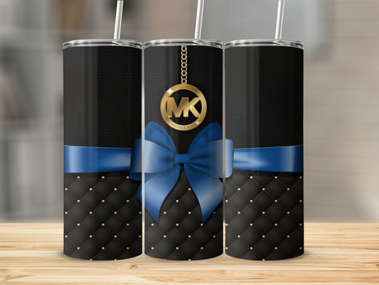Elegant Black Gold Pattern Tumbler with Blue Bow Design