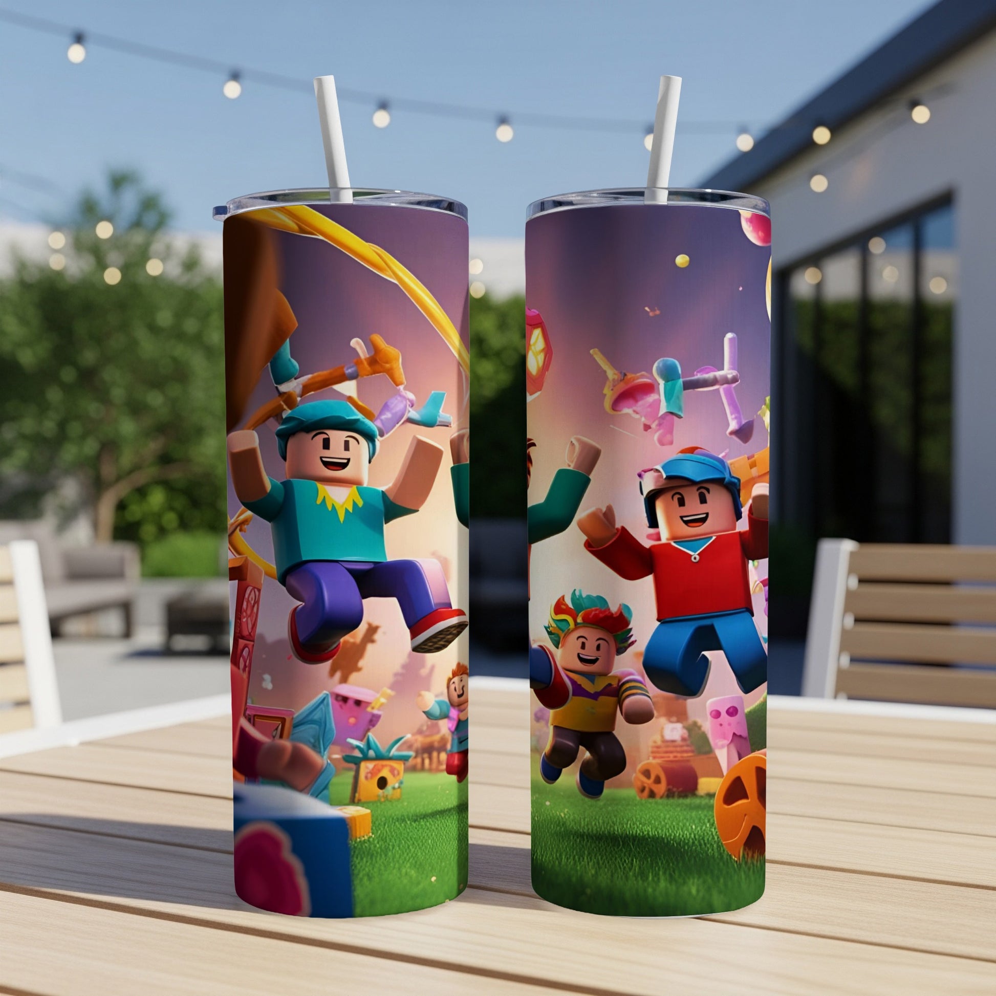 Roblox characters playing in a vibrant, colorful outdoor game scene.