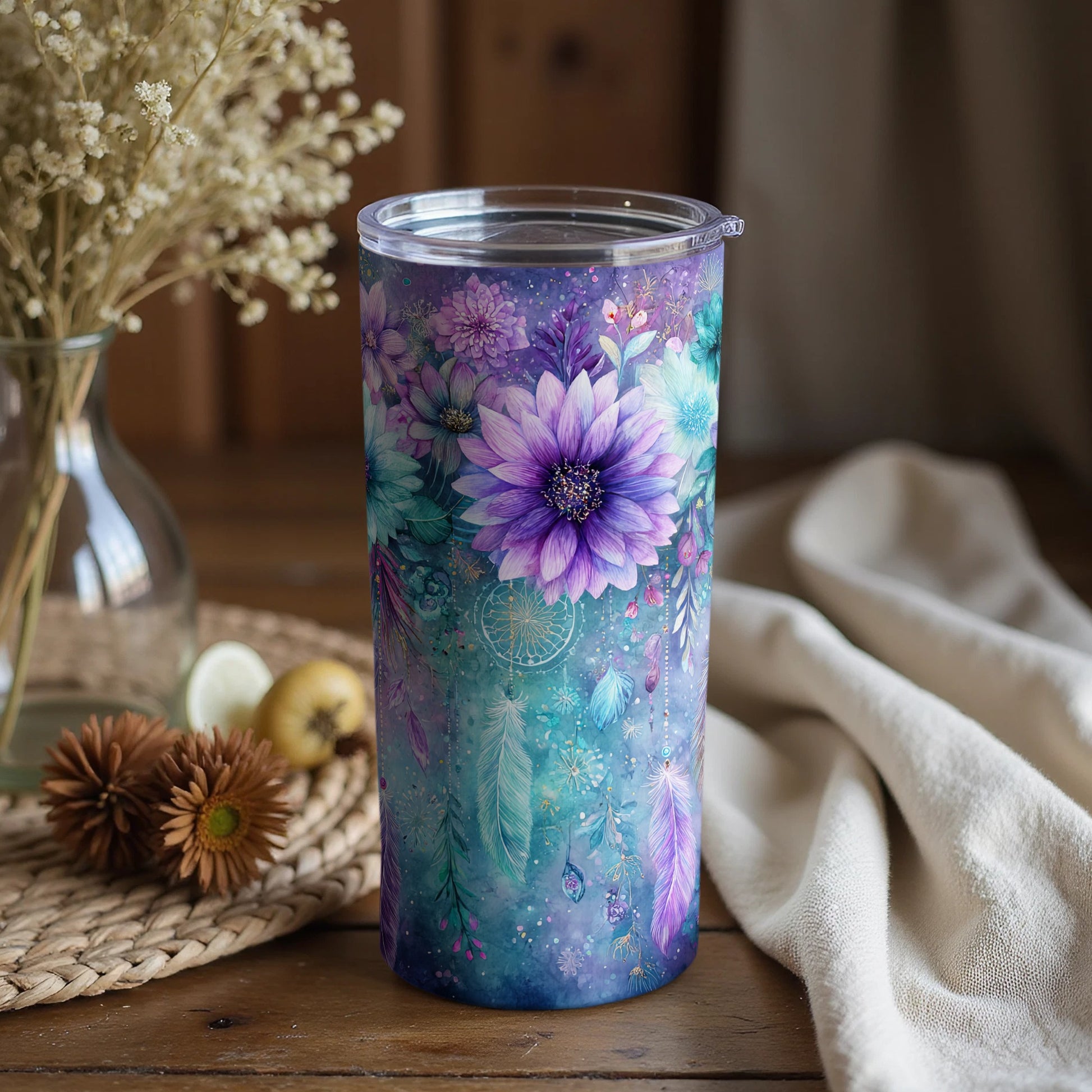 Purple Floral Dream Catcher Design Tumbler Product