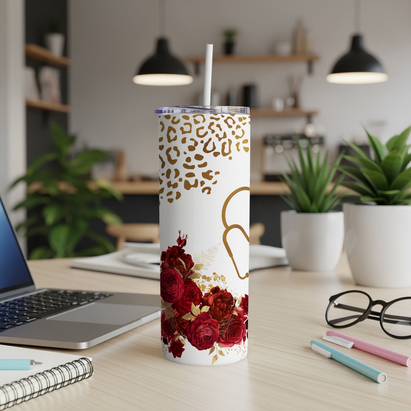 White tumbler with red roses and gold leopard print, stethoscope design.