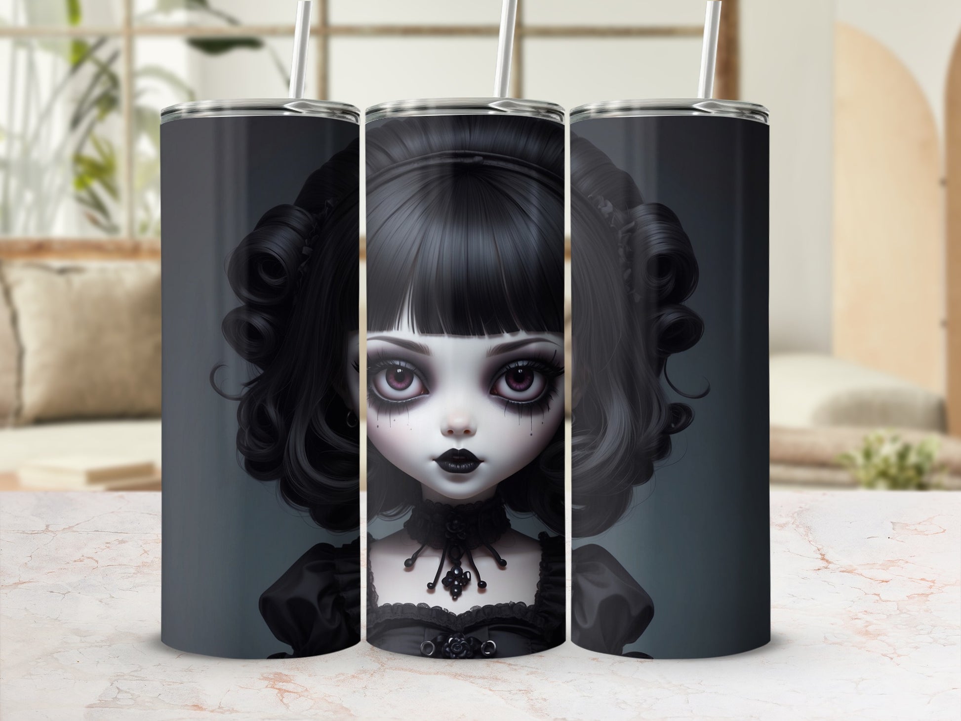 Gothic doll with dark hair and eyes on a tumbler.