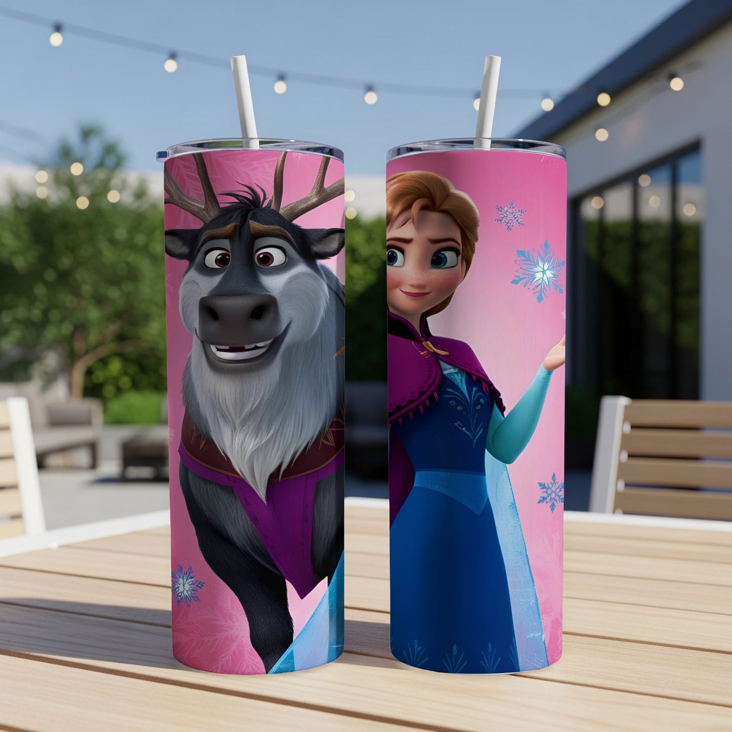 Two tumblers featuring characters from Disney's Frozen: Kristoff and Anna.