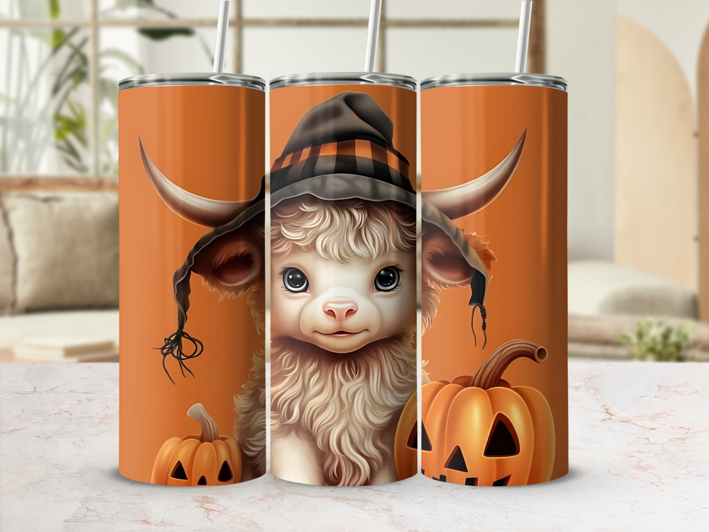Cute Halloween Cow with Pumpkin Stainless Steel Tumbler
