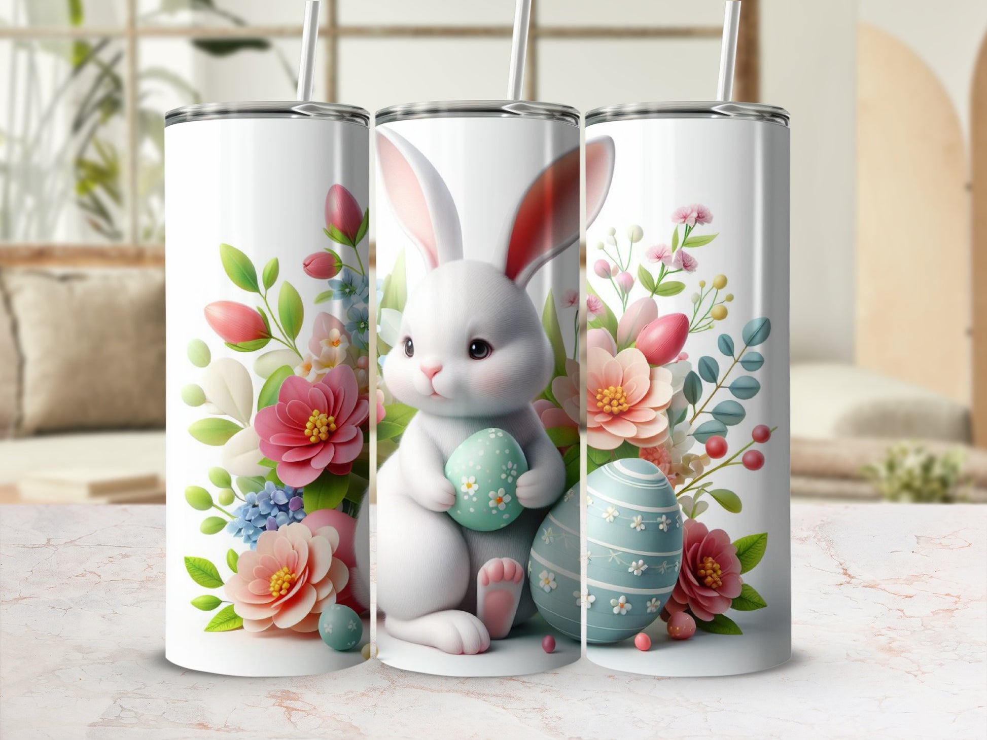 White bunny holding a teal Easter egg, surrounded by flowers and teal eggs.