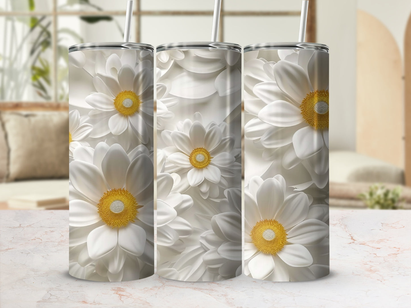 White daisy floral pattern on a tumbler with a straw.
