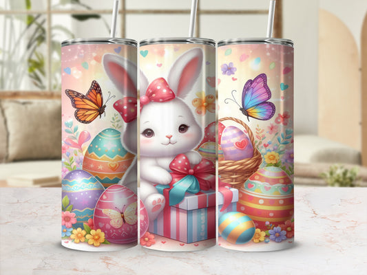 Easter bunny with gift and colorful decorated eggs, butterflies, and flowers.