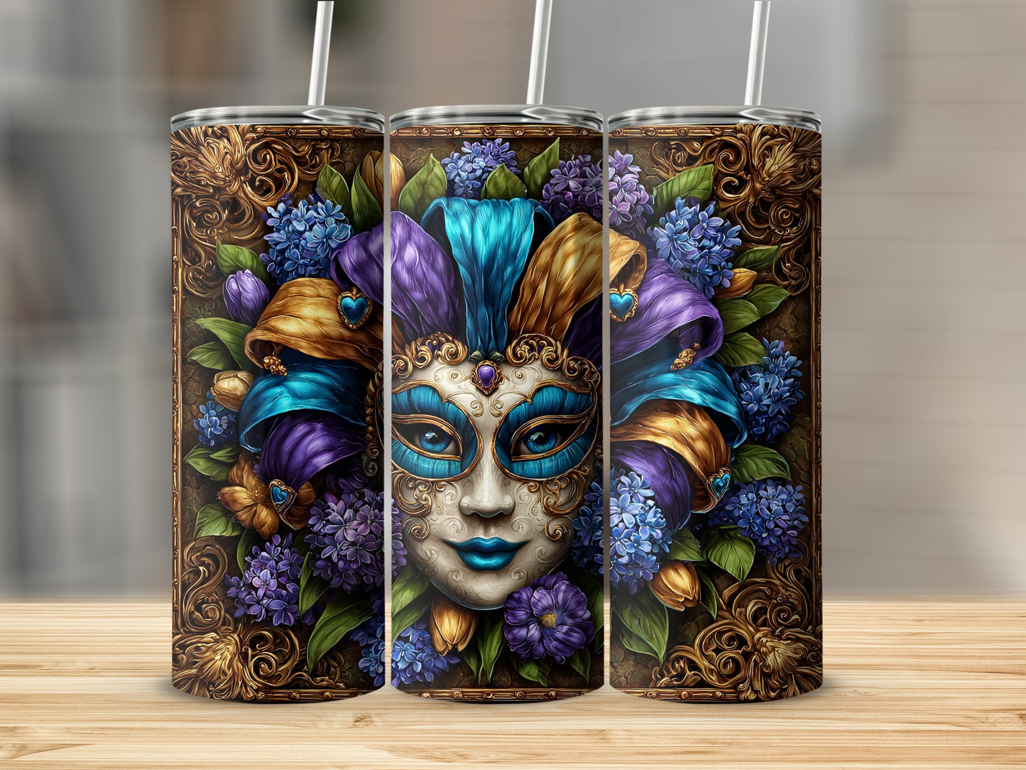 Vibrant Mardi Gras Mask Floral Art Tumbler