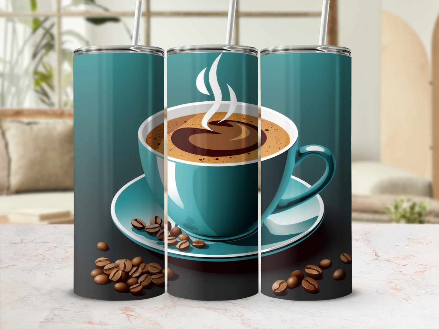 Teal tumbler with hot coffee and steam, scattered coffee beans.