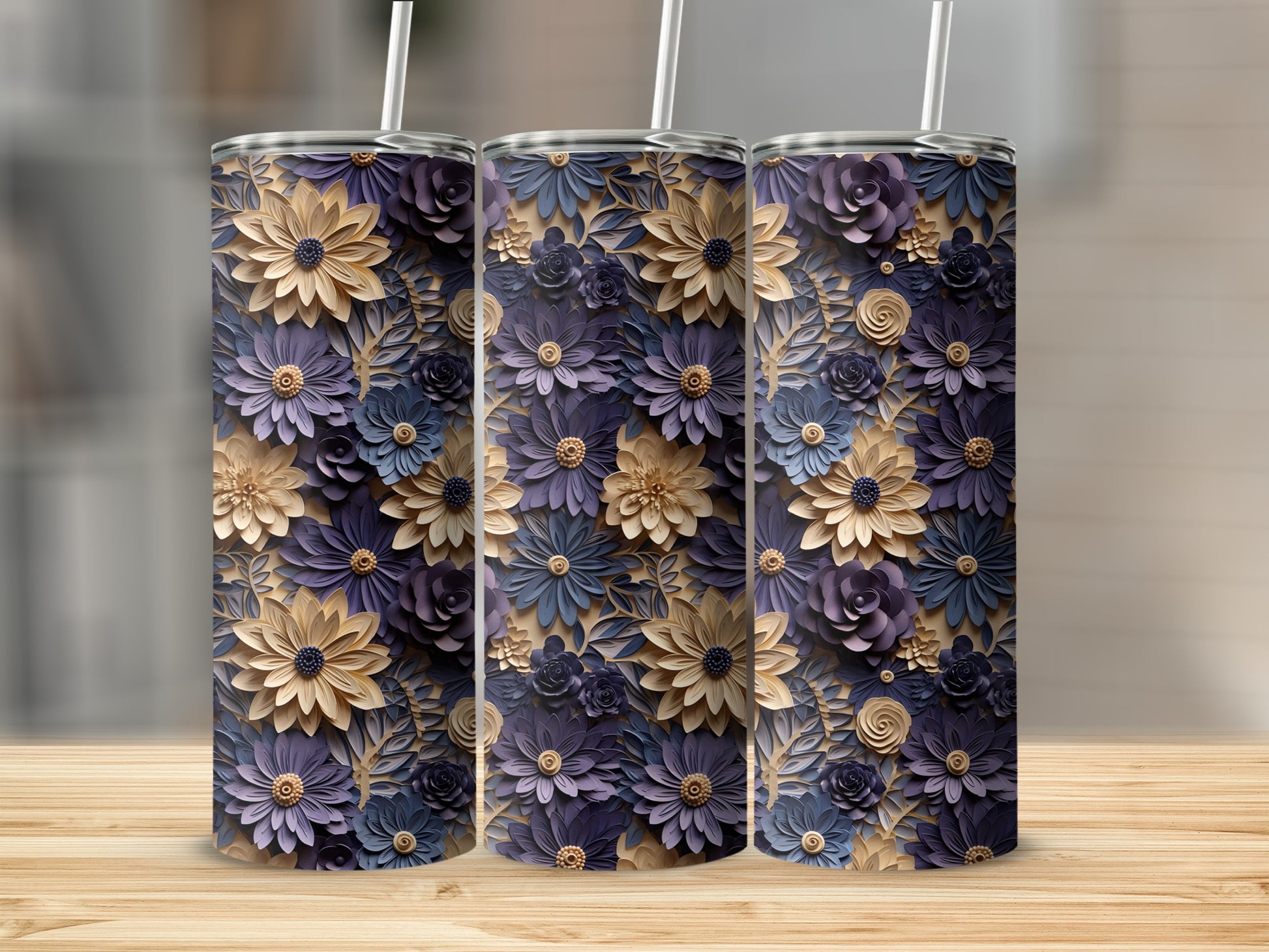 Elegant Floral Pattern Blue and Beige Tumbler Cup