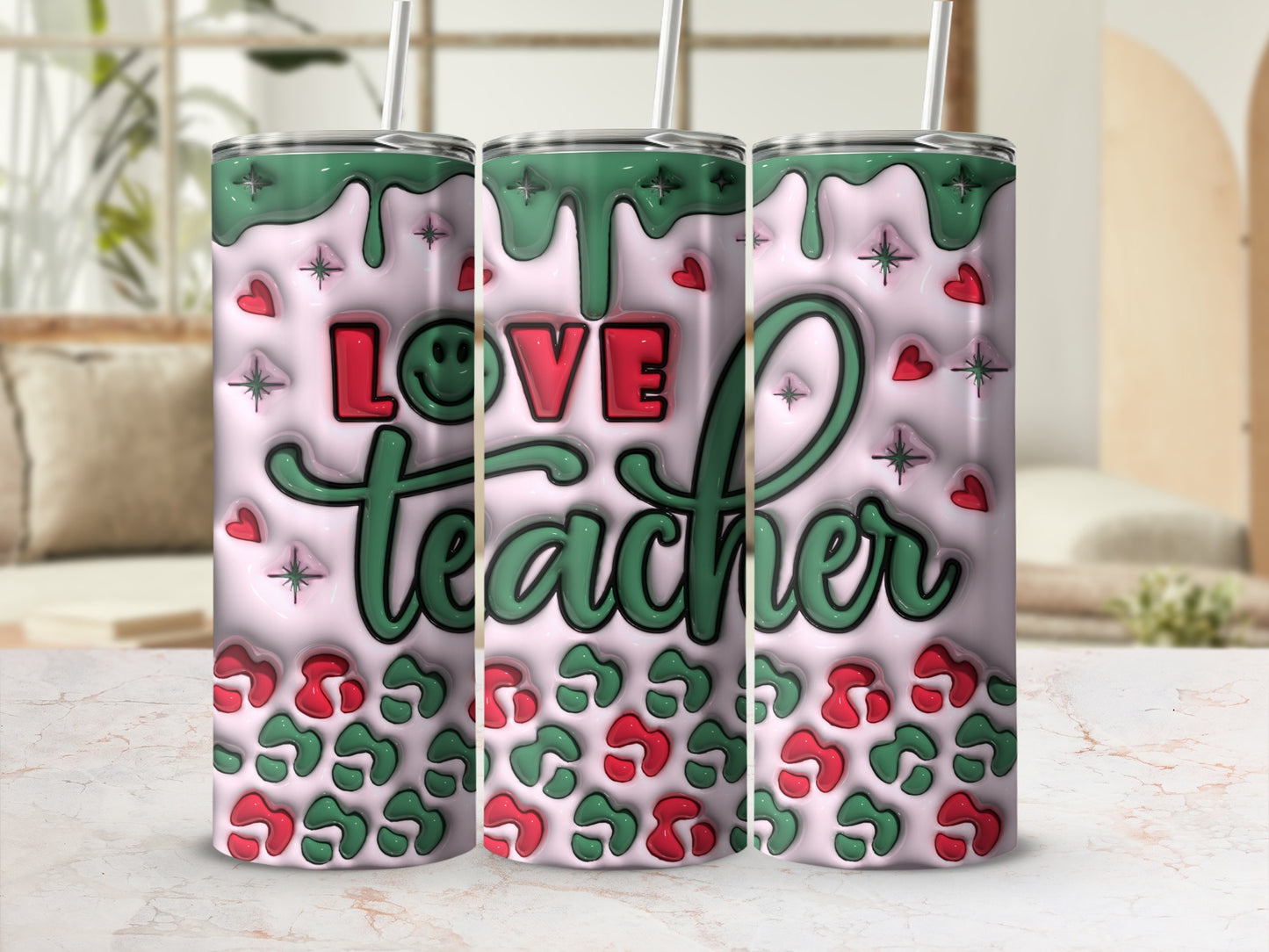 Teacher tumbler with green leopard print and pink hearts.