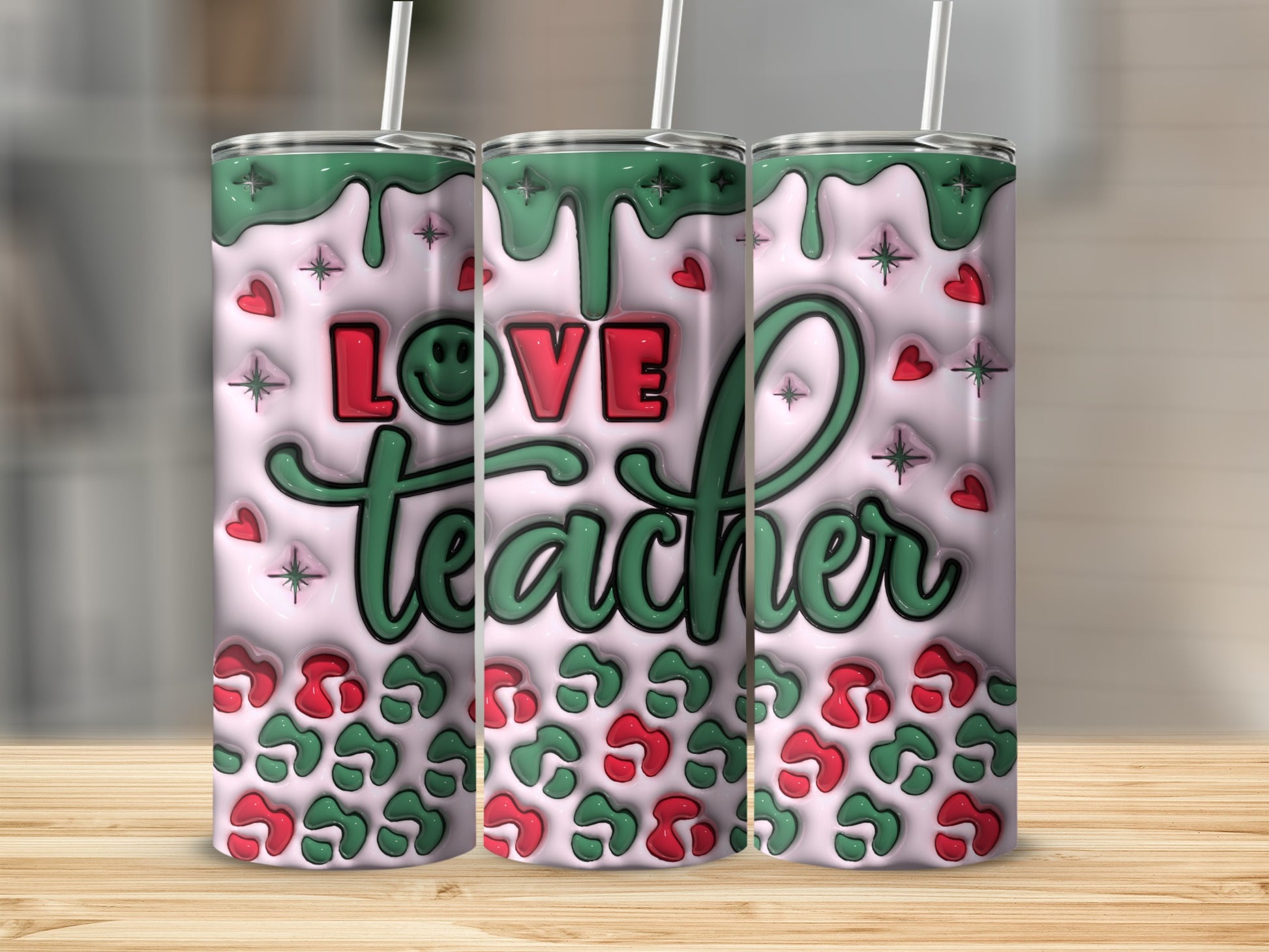 Green and pink "Love Teacher" text on a white tumbler with heart and leopard print accents.
