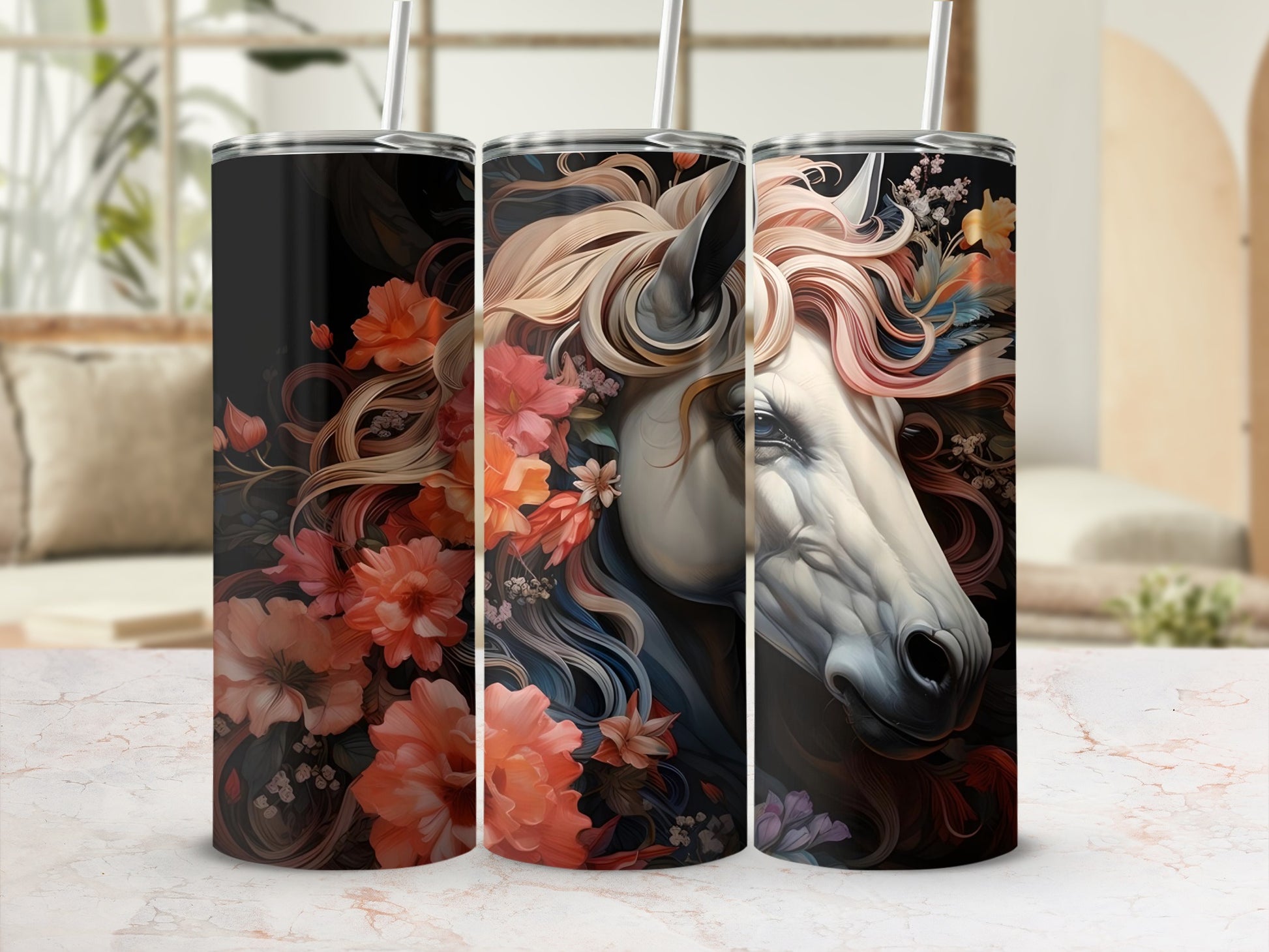 Stunning Colorful Floral Horse Design Tumbler