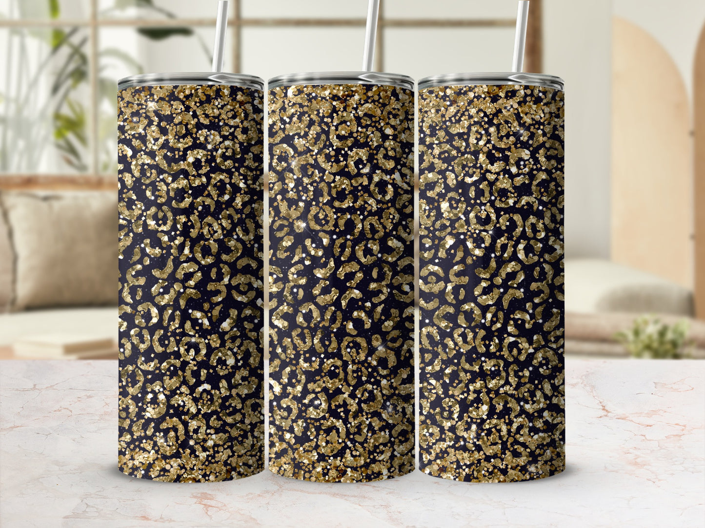 Sparkling Gold and Black Leopard Print Tumbler Cups