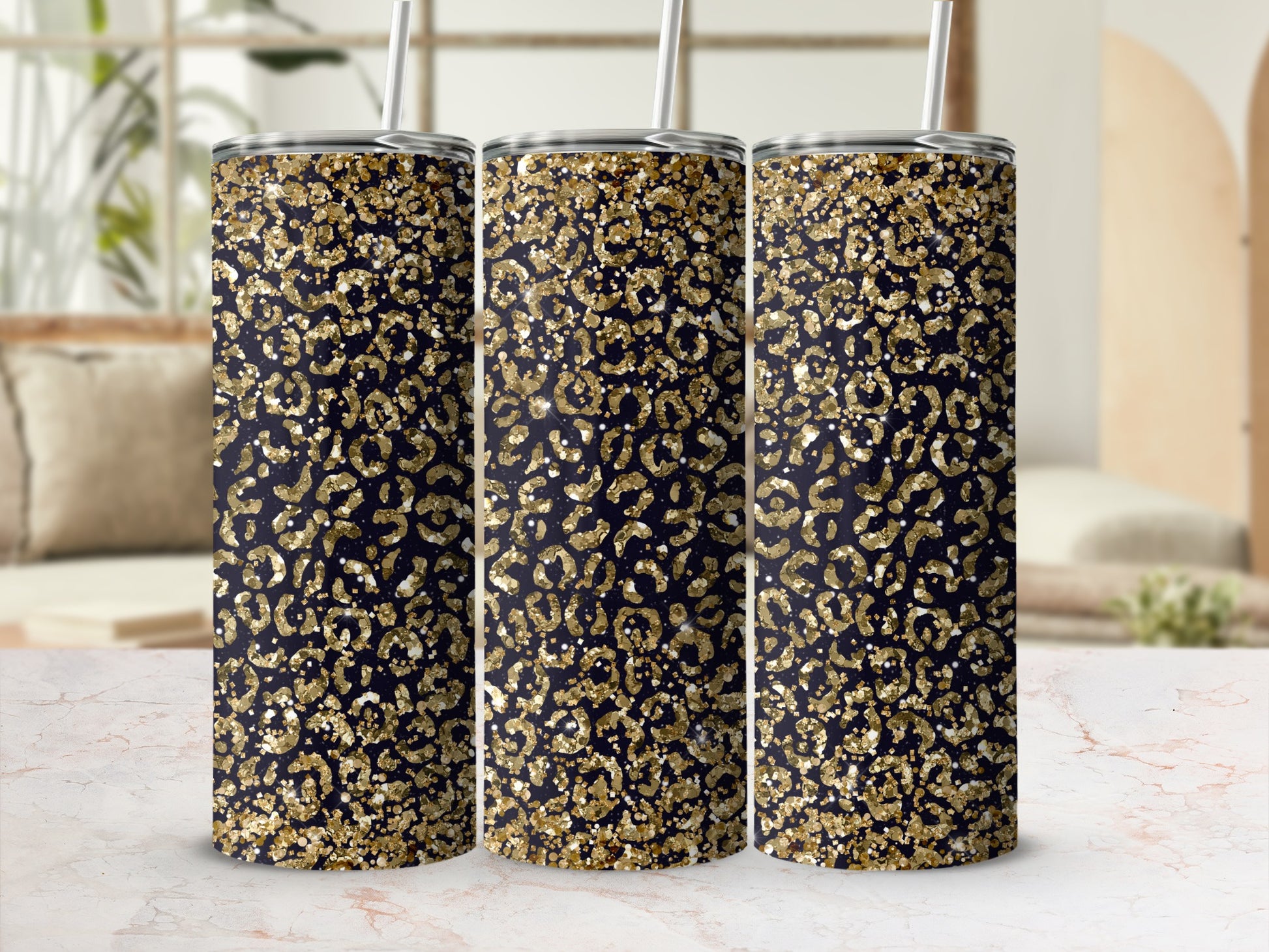 Sparkling Gold and Black Leopard Print Tumbler Cups