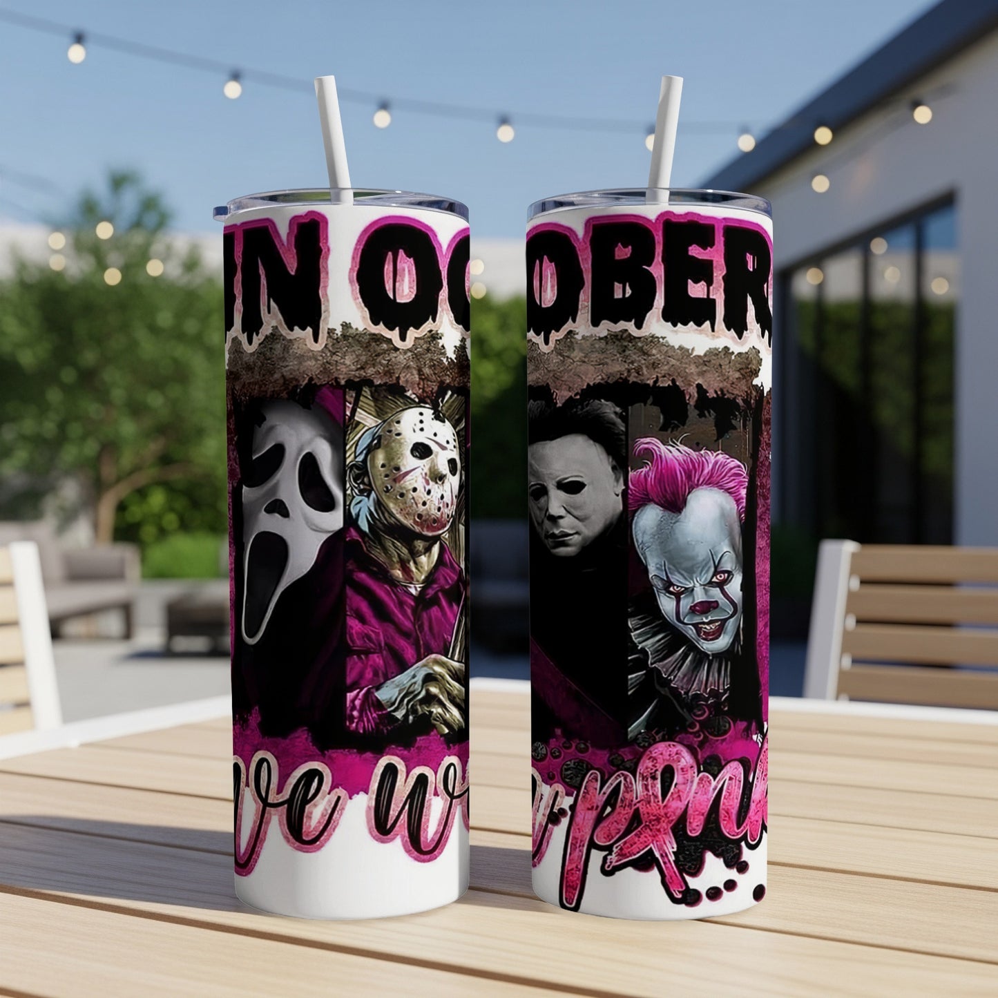 Two tumblers featuring horror characters and "IN OCTOBER WE SCREAM".