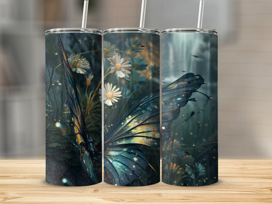 Three tumblers featuring a close-up of a colorful butterfly on a dark, floral background.