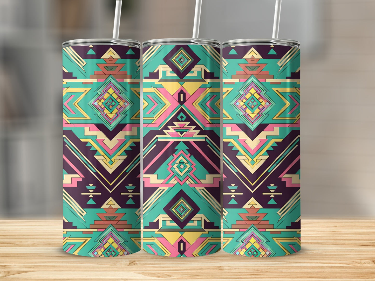 Three teal tumblers with geometric Native American inspired patterns.