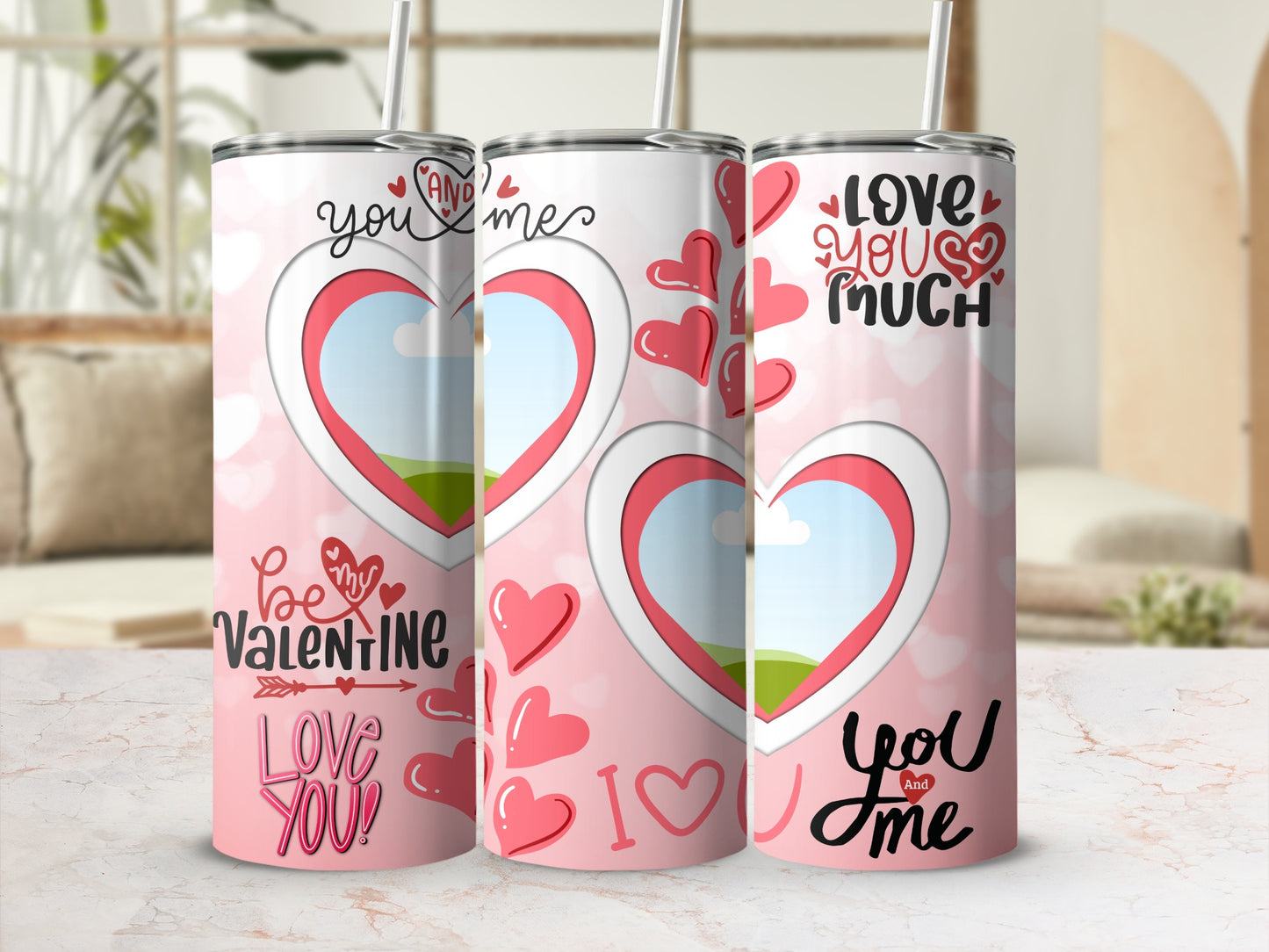 Three Valentine's Day themed tumblers with hearts and romantic text.