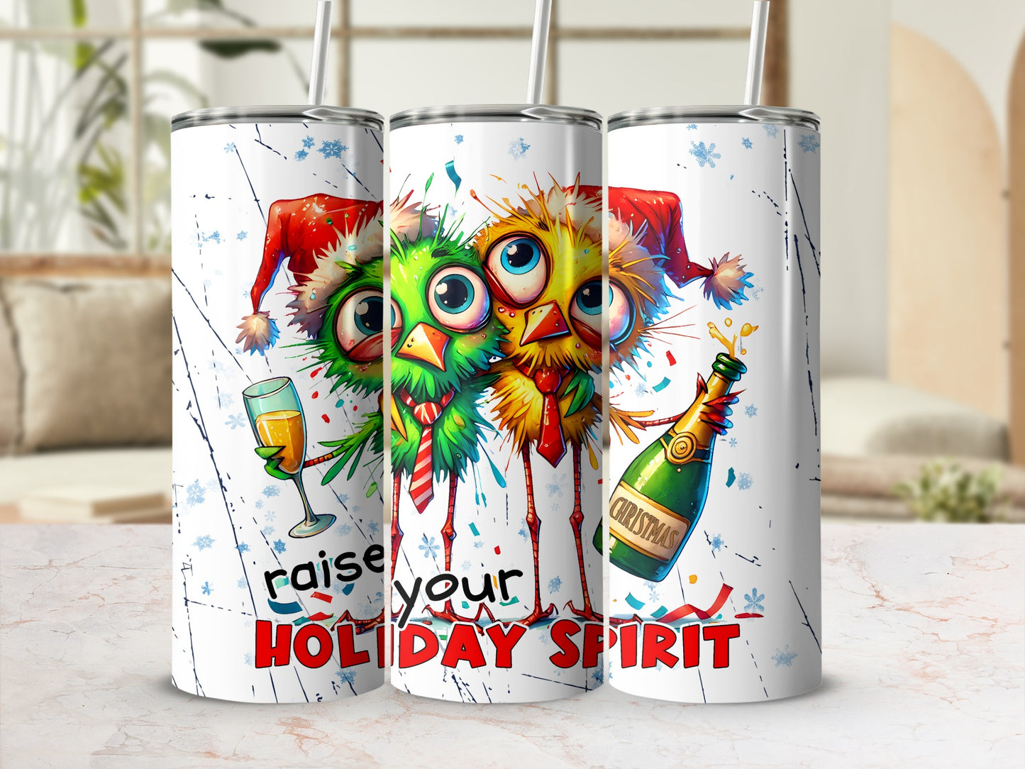 Three cartoon birds in Santa hats holding champagne, celebrating Christmas.
