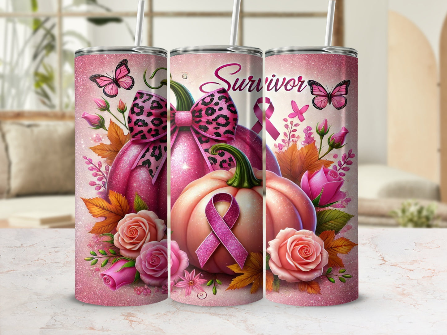 Pink pumpkins with bows, butterflies, and roses, "Survivor" text.