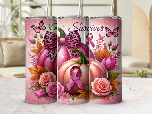 Pink pumpkins with bows, butterflies, and roses, "Survivor" text.