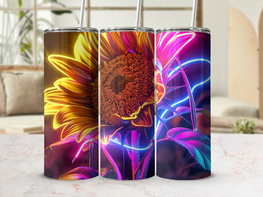Sunflower with neon light streaks on a tumbler.