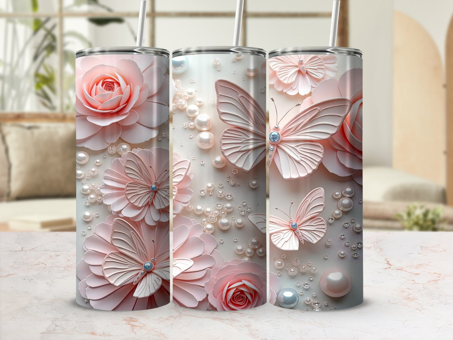Elegant Butterfly and Rose Design Tumbler Cup