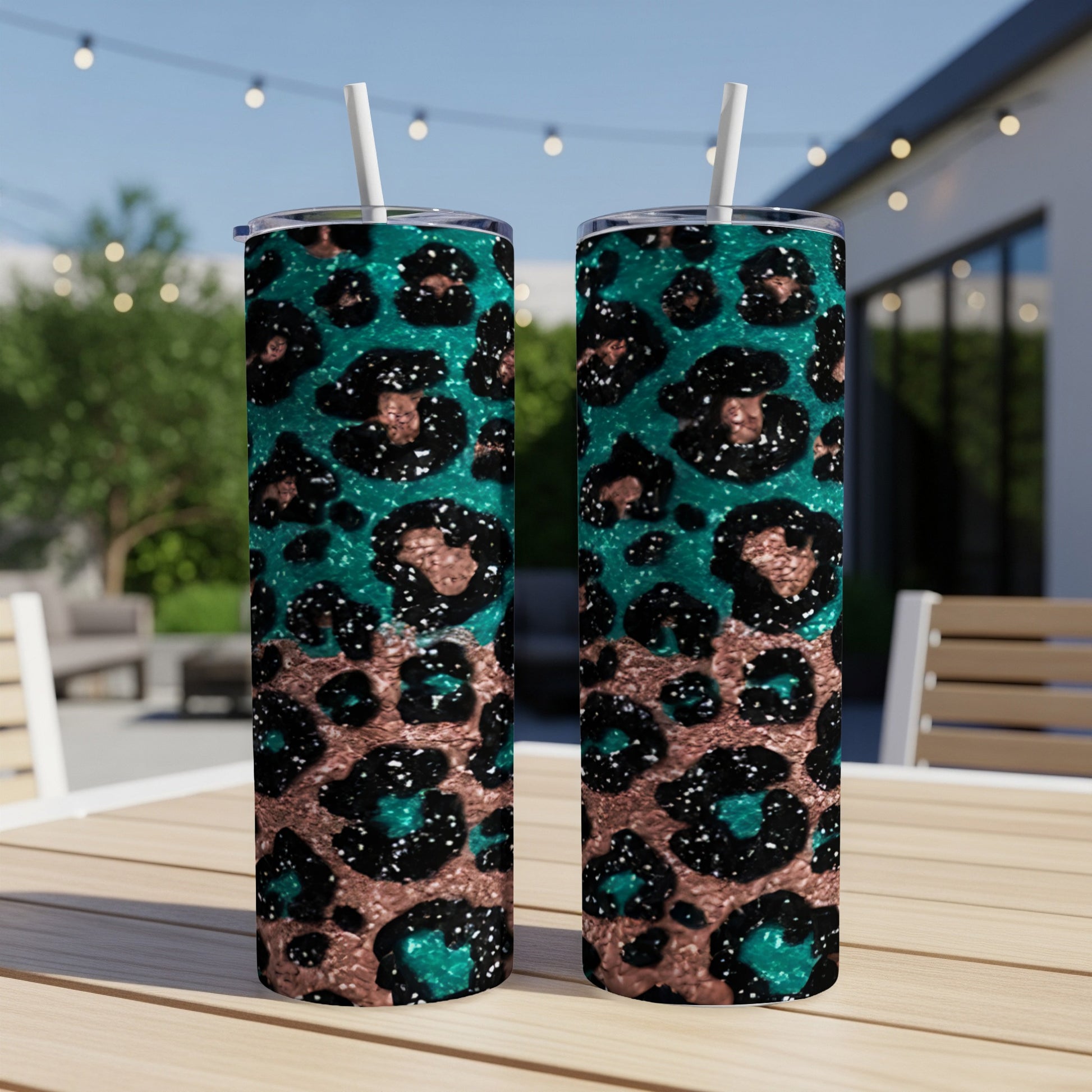 Two tumblers with teal and rose gold leopard print design.