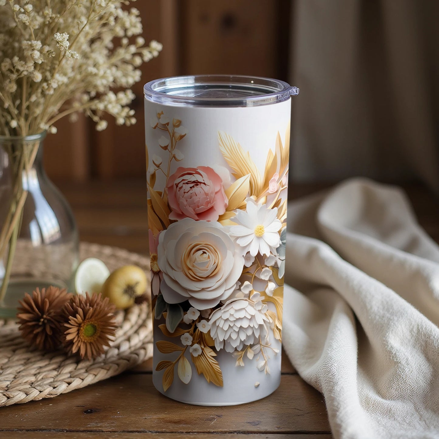 Elegant White Floral Design Tumbler for Daily Use