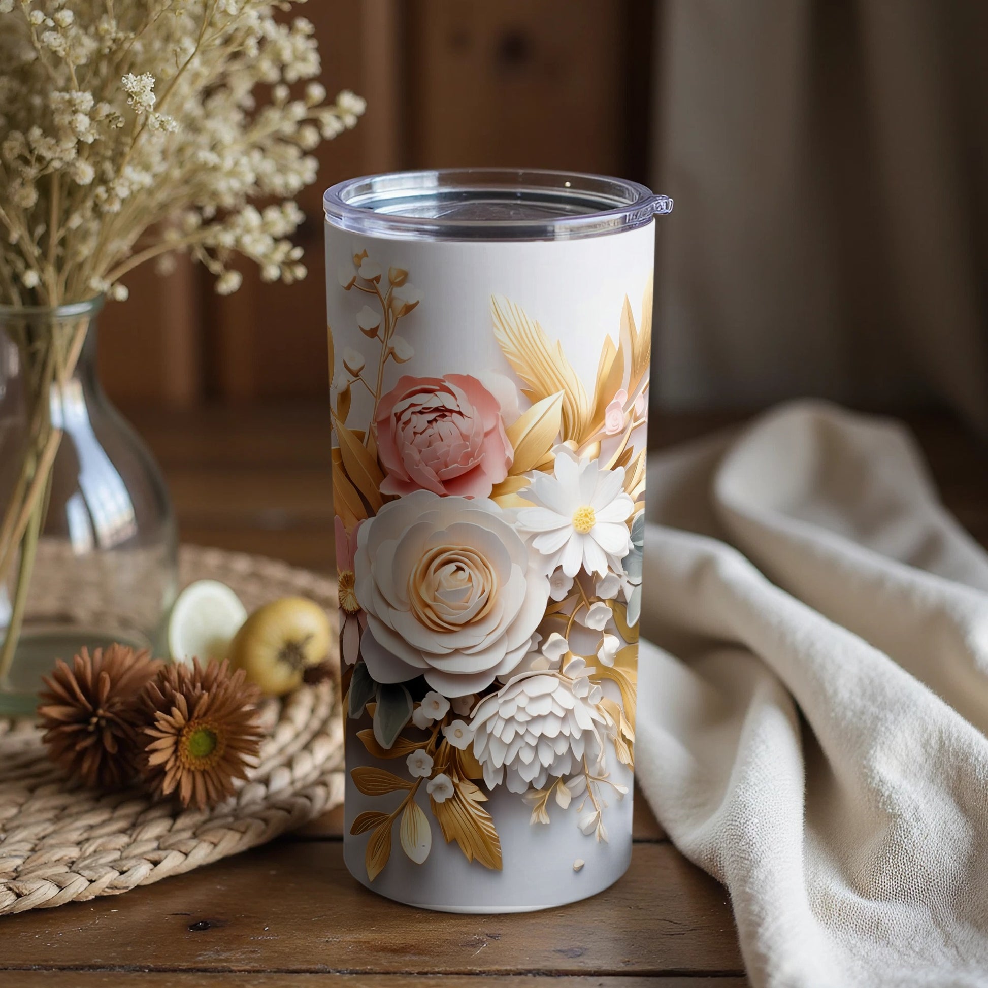 Elegant White Floral Design Tumbler for Daily Use