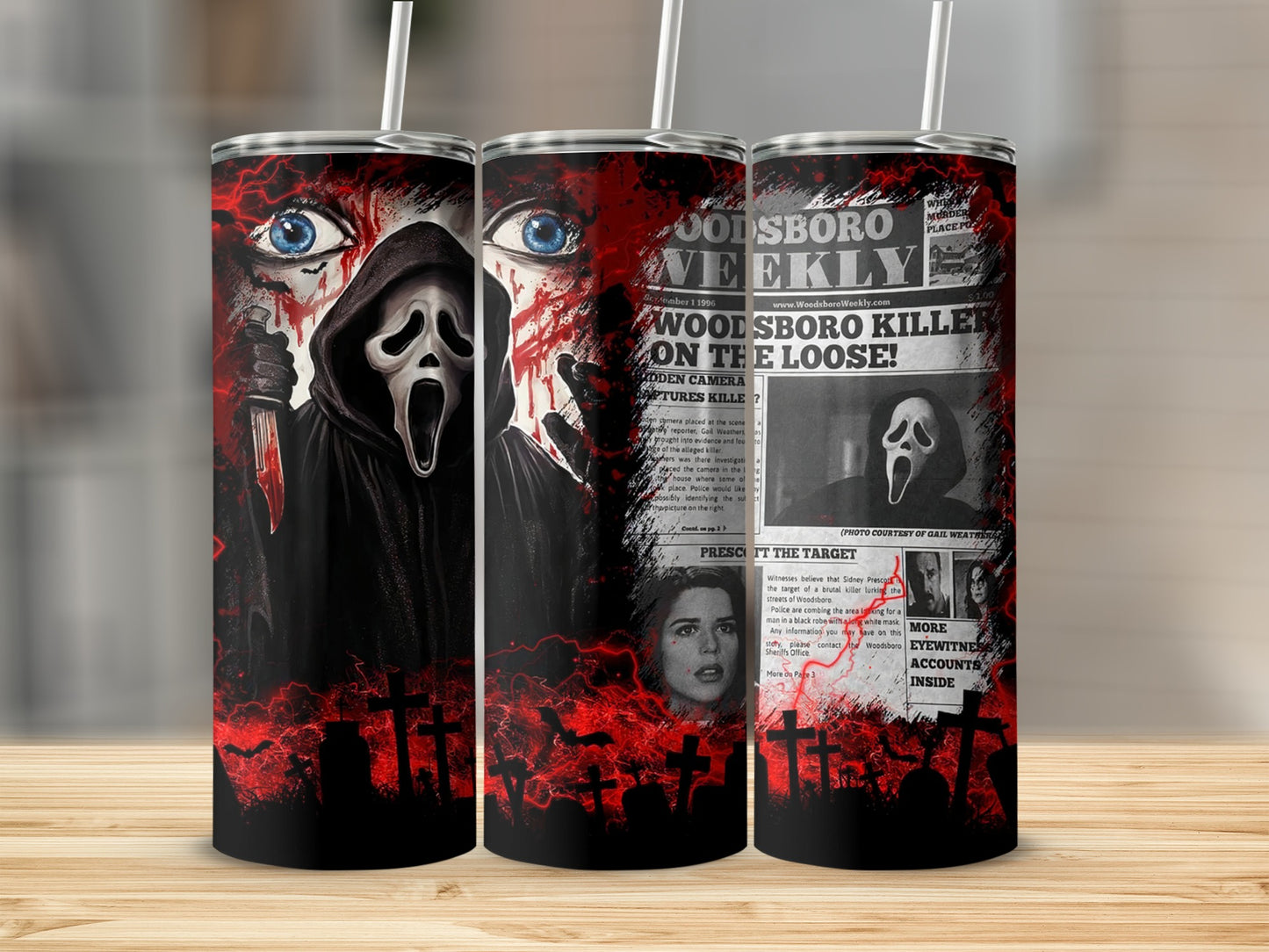 Scream ghostface with newspaper headline "Woodsboro Killer On The Loose!"