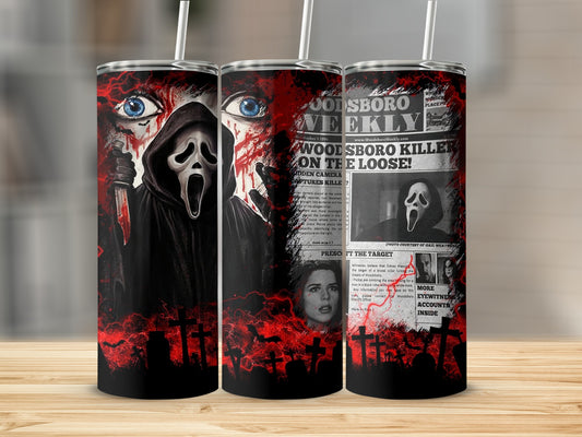 Scream ghostface with newspaper headline "Woodsboro Killer On The Loose!"