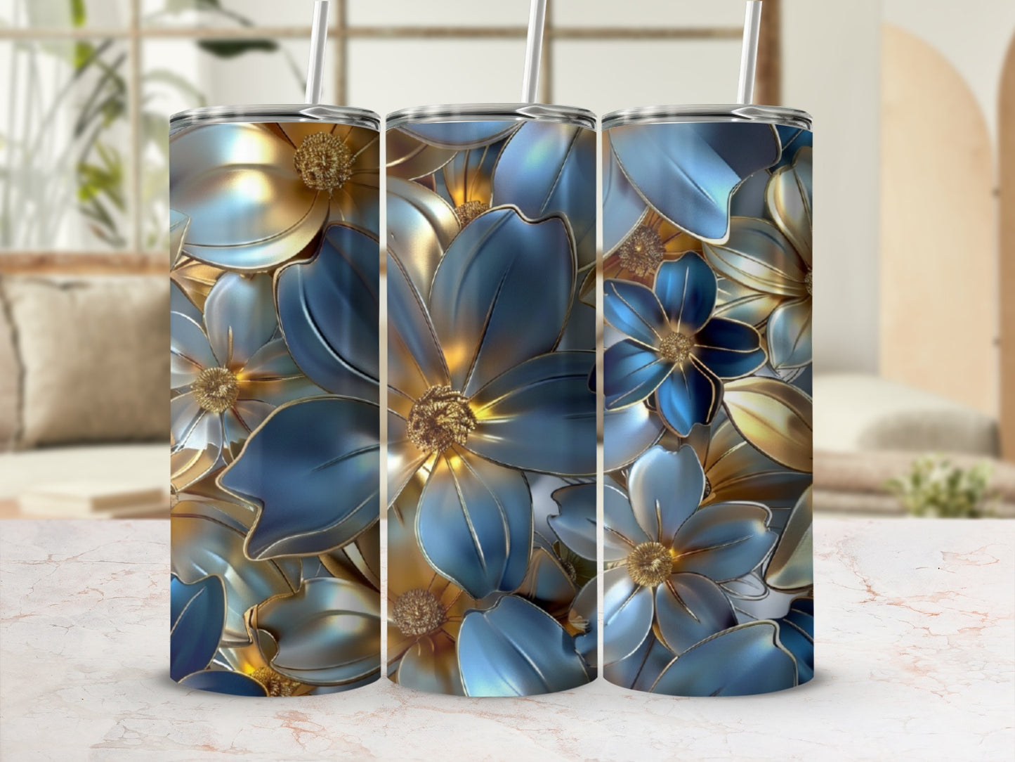 Three tumblers with a blue and gold floral design.