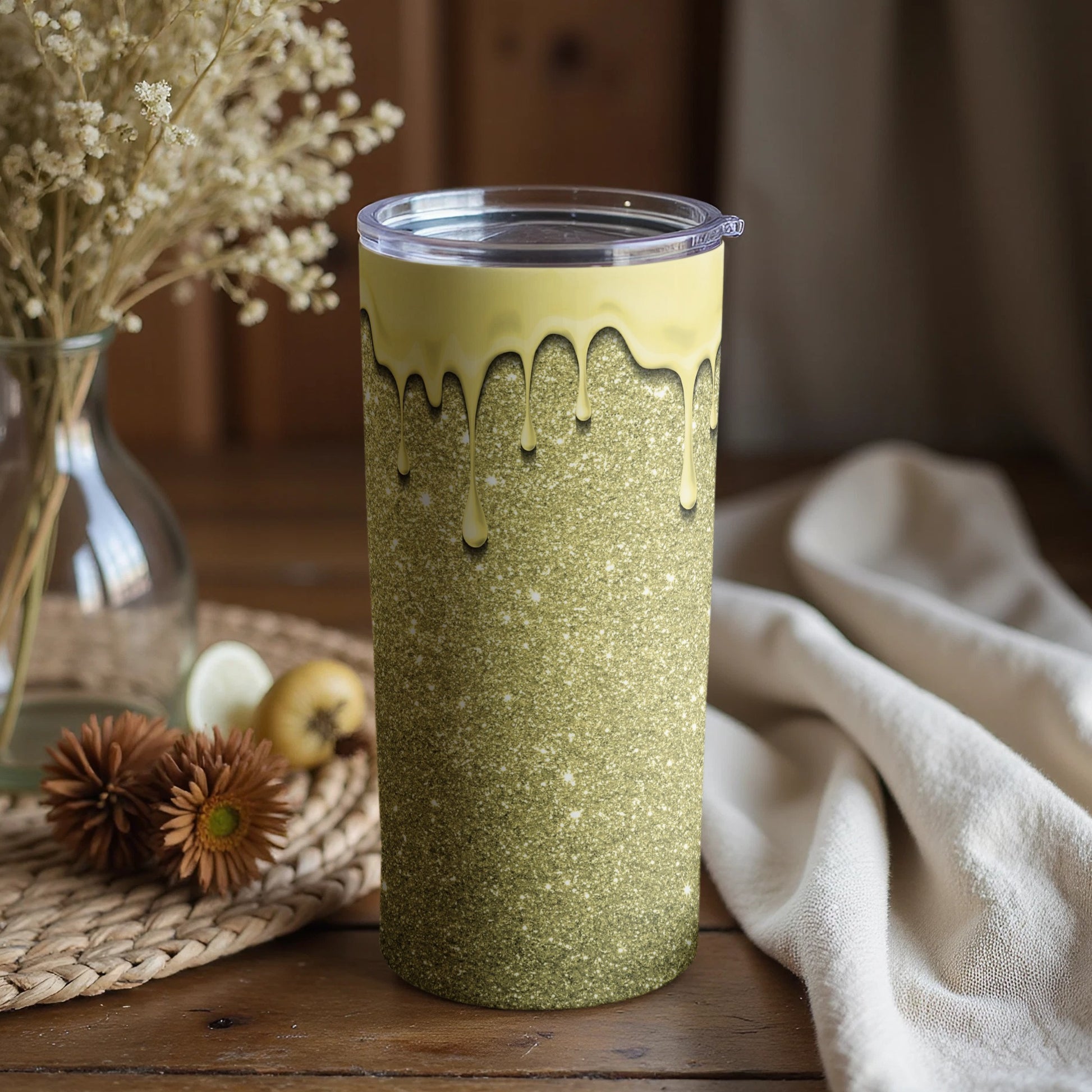 Glittery Green Tumbler with Dripping Yellow Accent