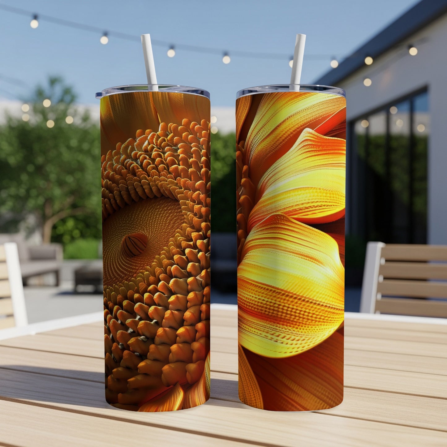 Two tumblers with close-up spiral orange and yellow floral patterns.