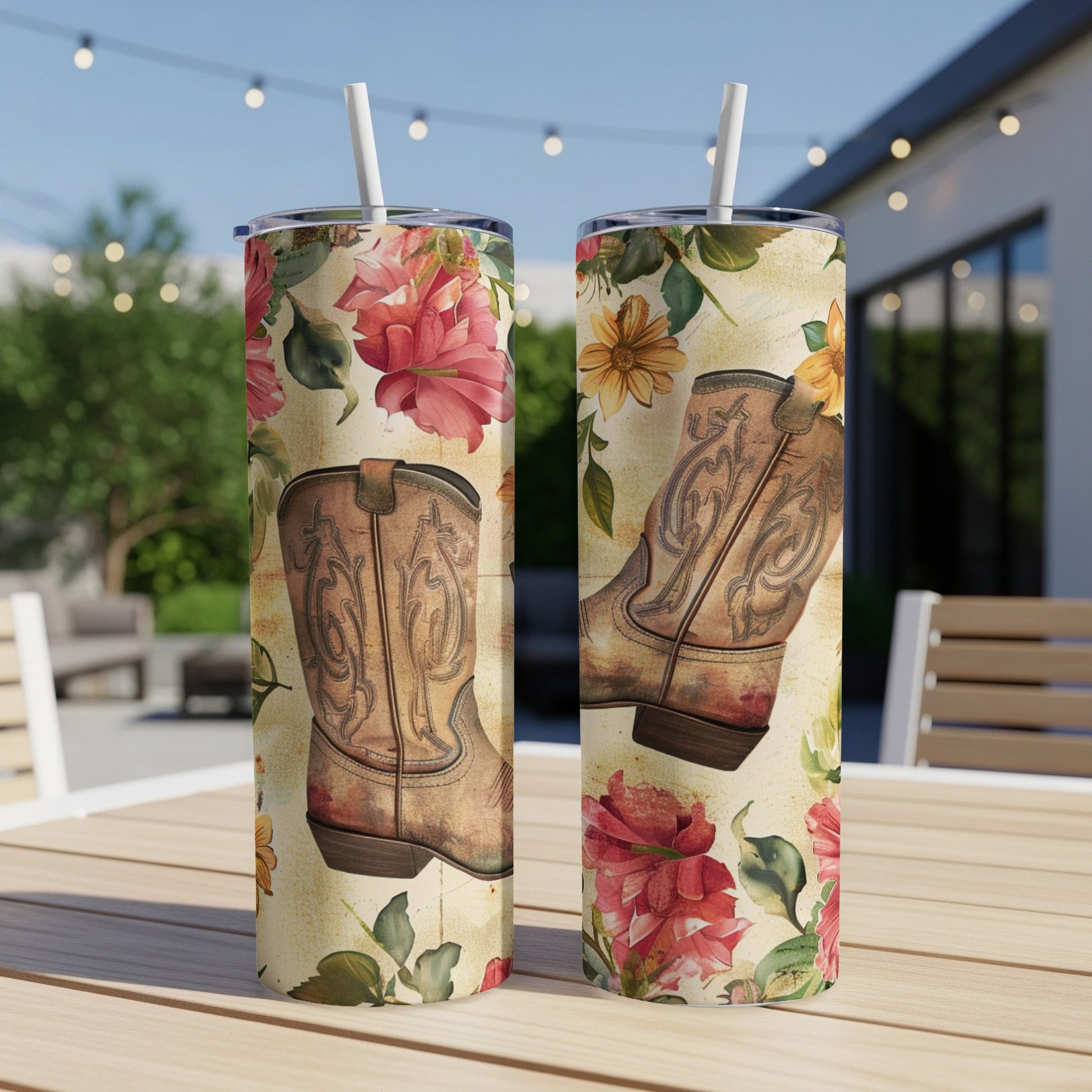 Two tumblers with vintage cowboy boot and floral pattern.