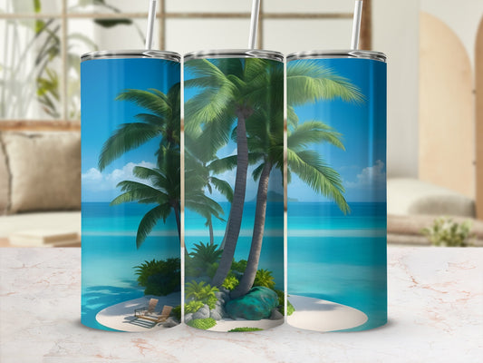 Tumbler with a tropical beach scene and palm trees.
