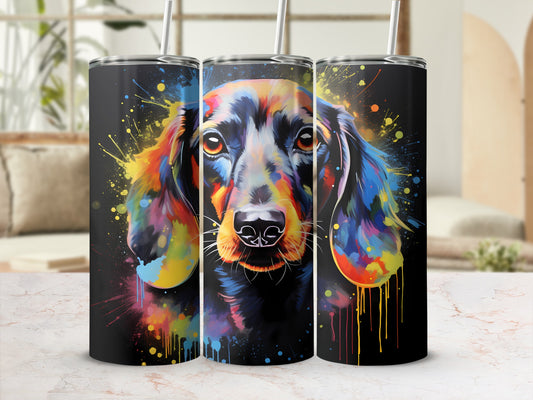 Colorful abstract dachshund art on a black tumbler with a straw.