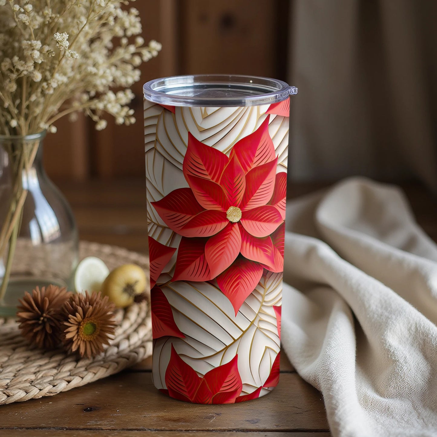 Red Poinsettia Tumbler with Elegant Leaf Design