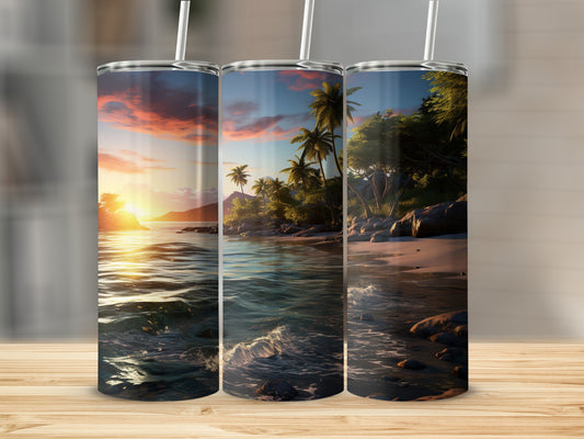 Sunset Tropical Beach Scene on Tumbler Product