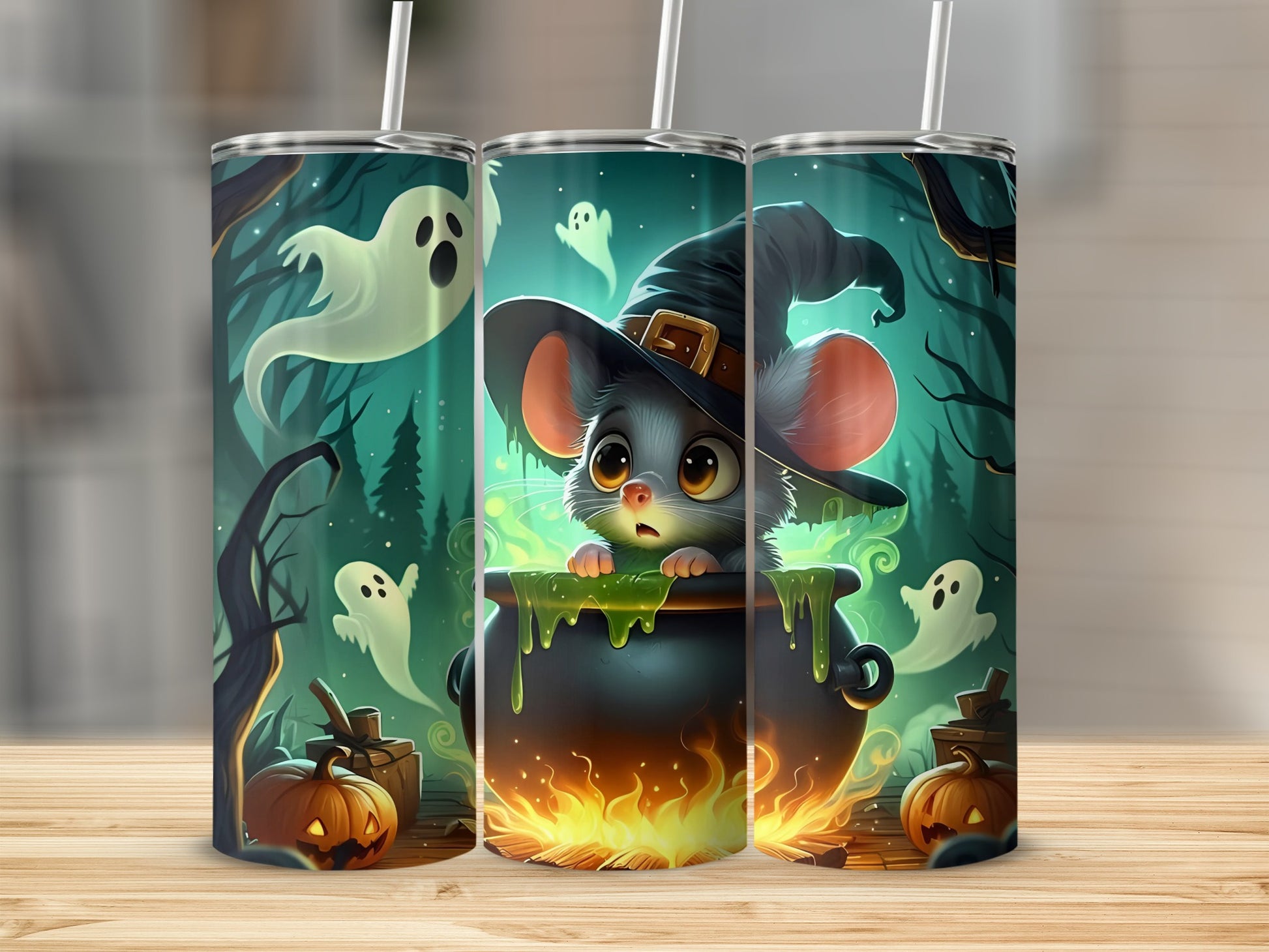 Halloween tumbler with cute mouse in witch hat, cauldron, ghosts, and pumpkins.