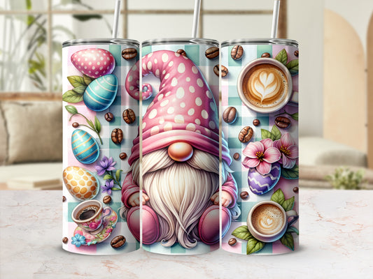 Gnome with Easter eggs, coffee, and flowers on patterned tumblers.