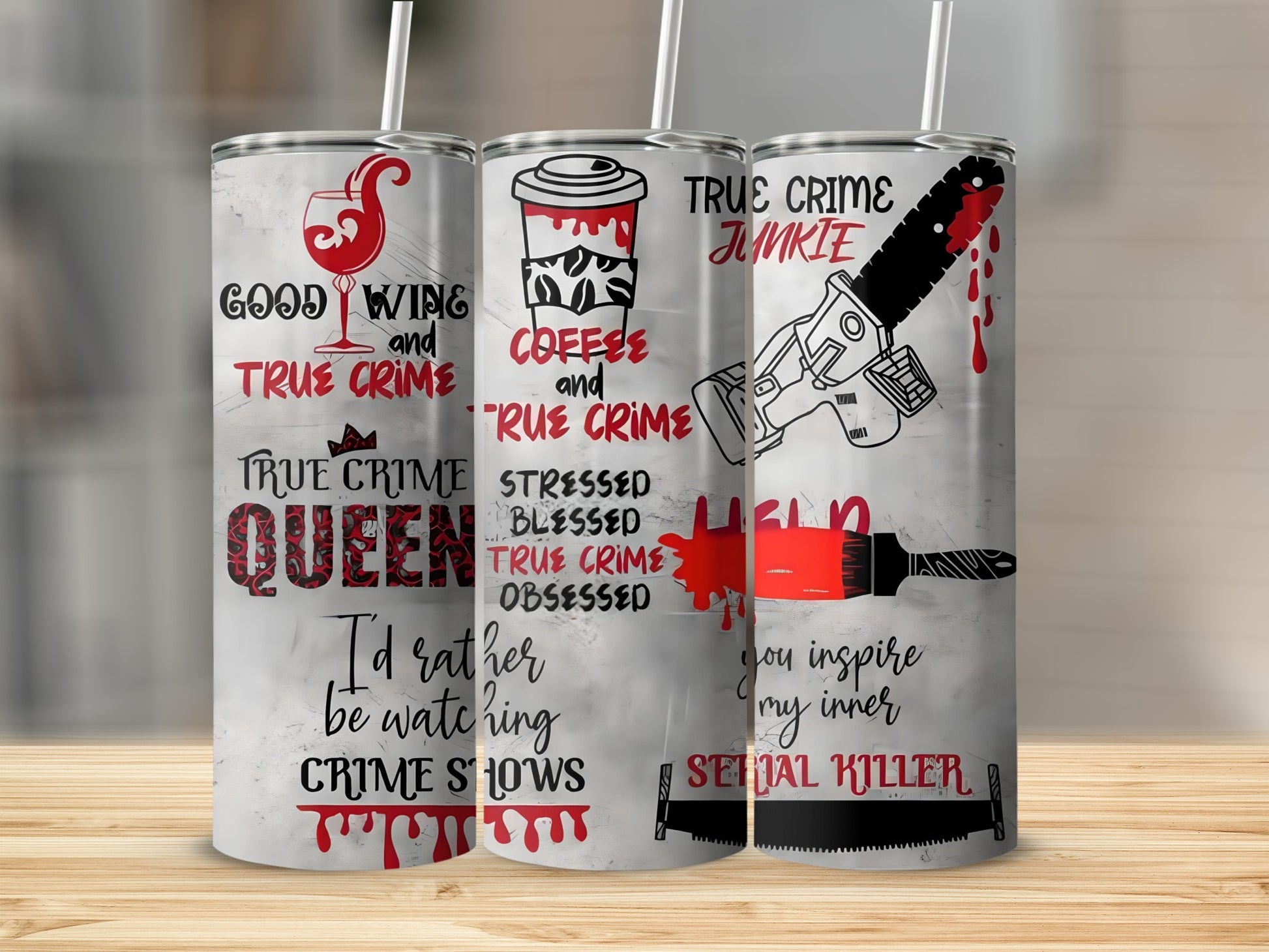 True Crime Themed Tumblers for Coffee and Wine Lovers