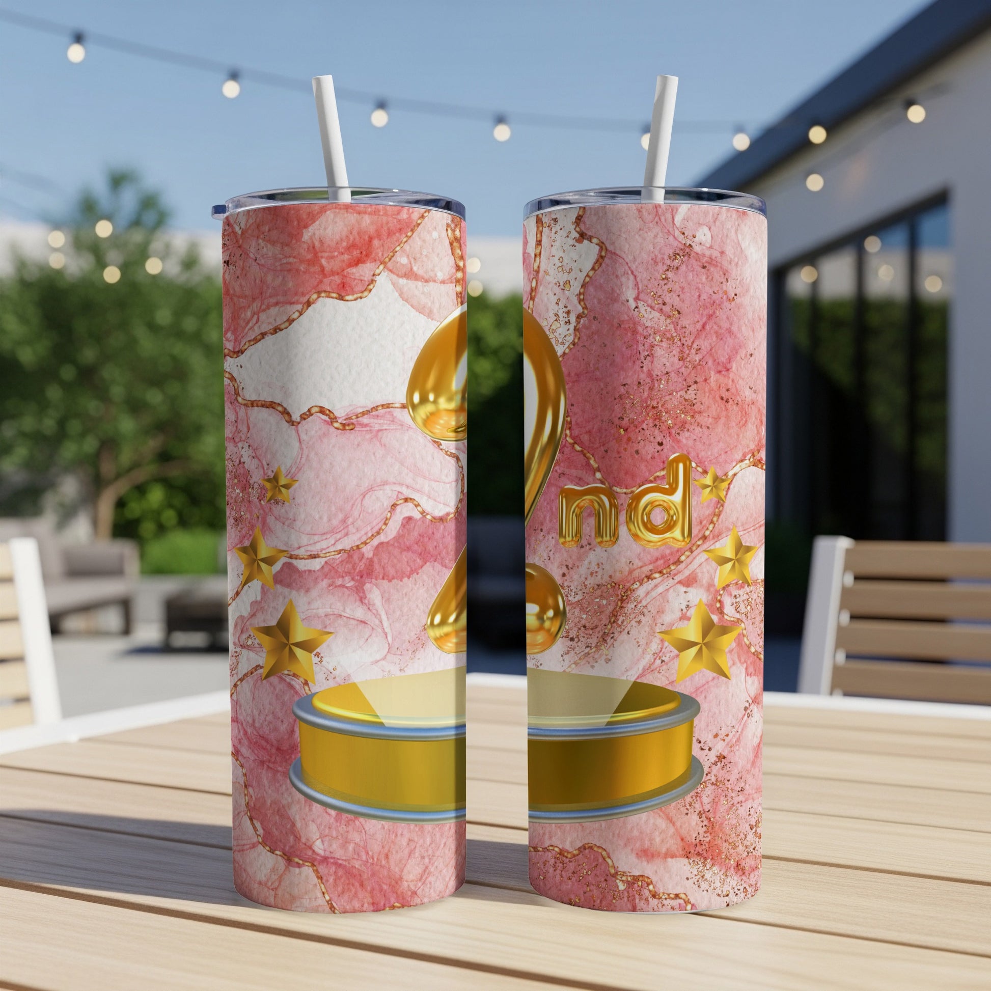 Pink marble tumbler with gold "2nd" and stars.