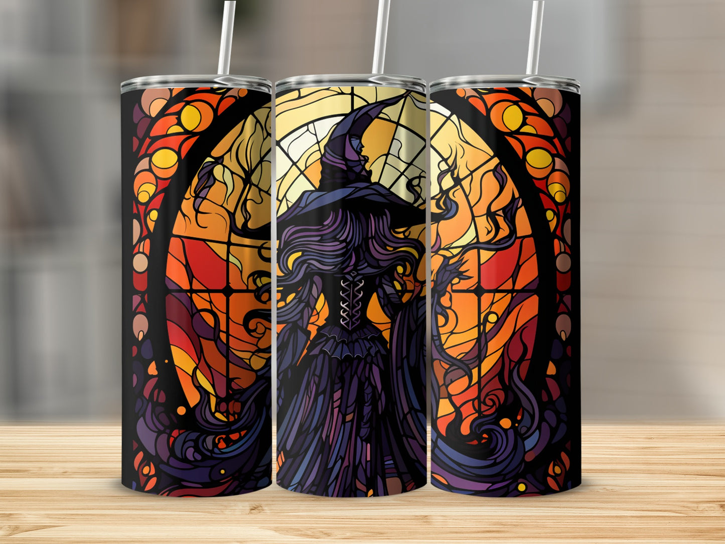 Witch in stained glass style on a tumbler with straw.