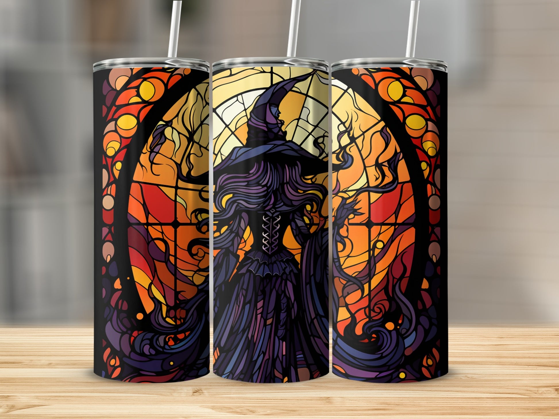 Witch in stained glass style on a tumbler with straw.