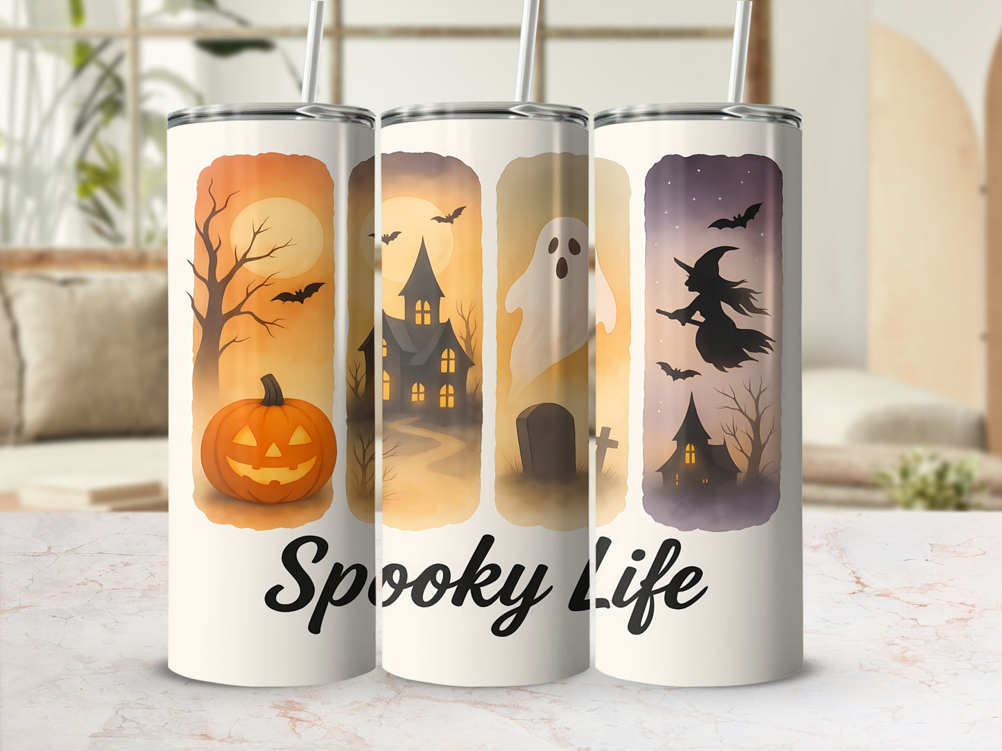 Tumblers with Halloween scenes: pumpkin, haunted house, ghost, and witch.