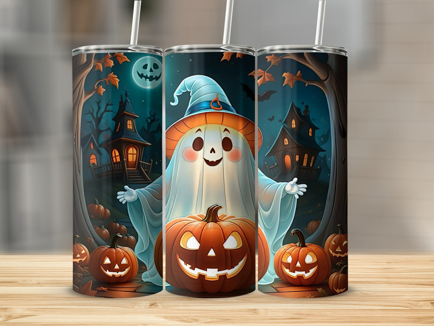 Halloween tumblers with a smiling ghost and pumpkins on a spooky night background.