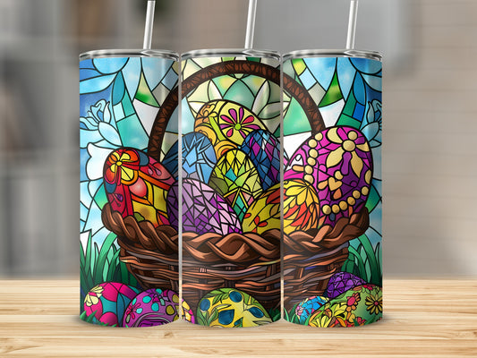 Easter basket full of colorful stained-glass patterned eggs.